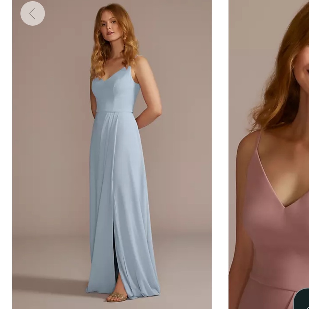 David’s Bridal dusty blue chiffon spaghetti strap bridesmaids dress!